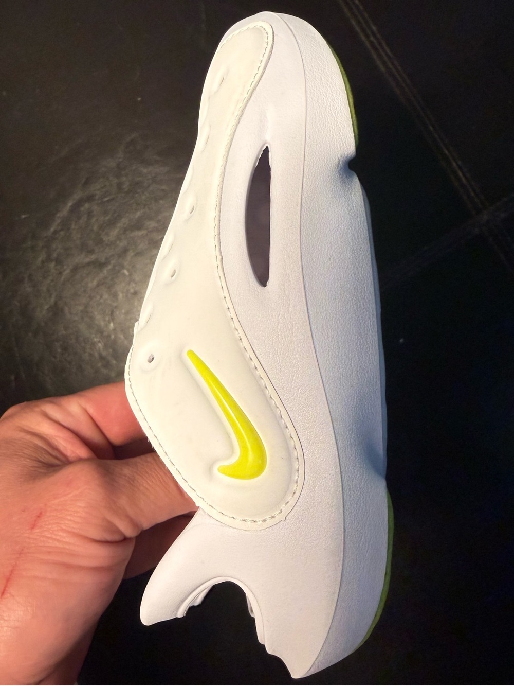 Nike Kids White Slip-On Sandal with Neon Yellow Aqua Swoosh size 13c